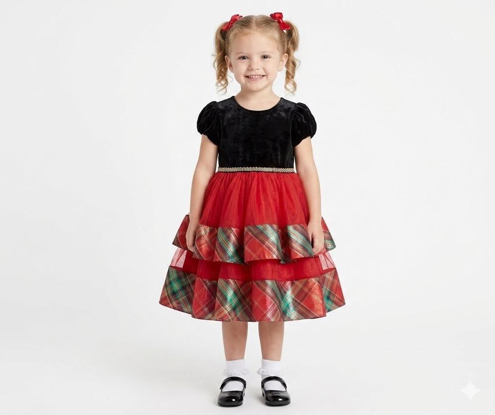 NEW! Bonnie Jean Christmas Girls Velvet to Tiered Plaid Holiday Dress Size 5